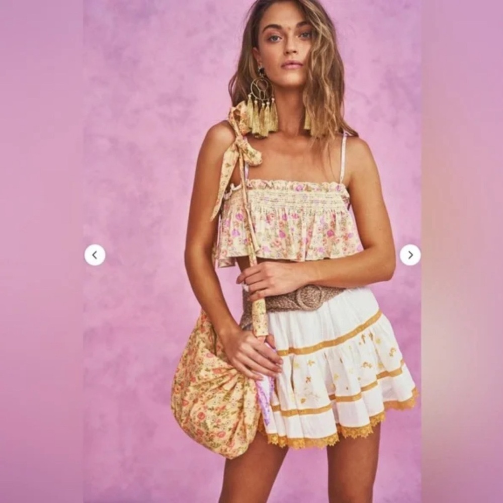 LOVESHACKFANCY JENNINGS APPLIQUÉ YELLOW FLOWERS COTTON MINI SKIRT SIZE P